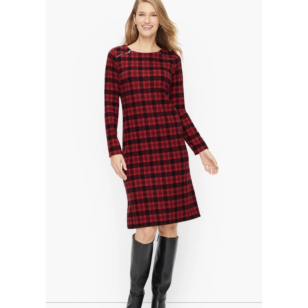 Talbots Women's Red Tartan Plaid Shift Dress Long Sleeves Holiday Size MP